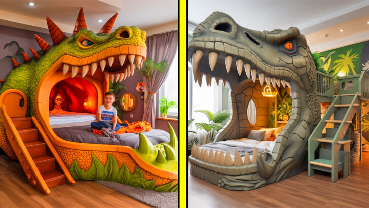 These Giant Dinosaur Shaped Bunk Beds Turn Sleepovers into Dino Adventures