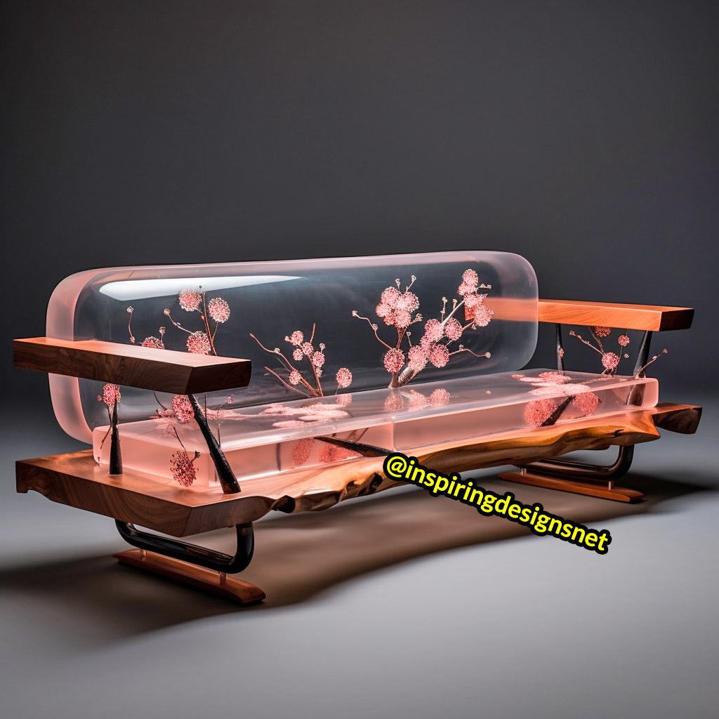 Wood and Epoxy Sofas with cherry blossom design