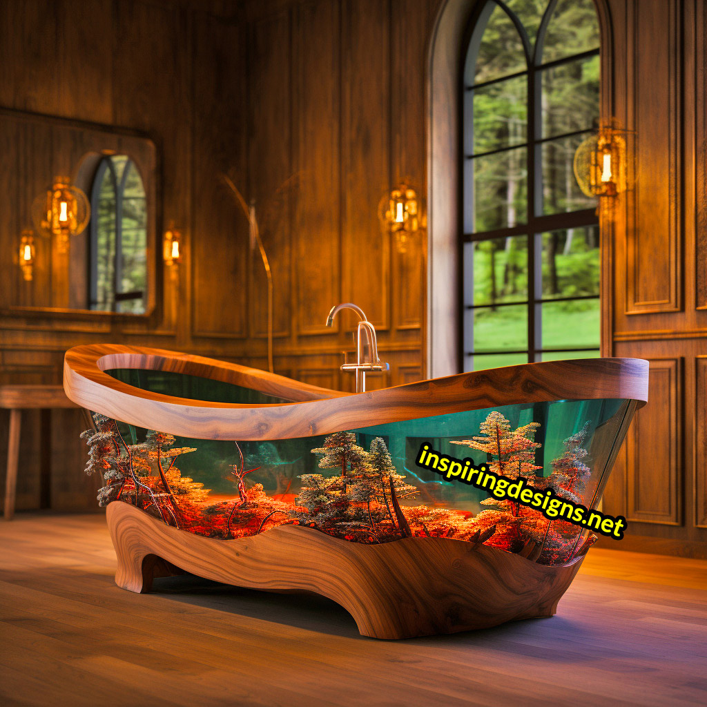 Wood and Epoxy Bathtubs with forest design