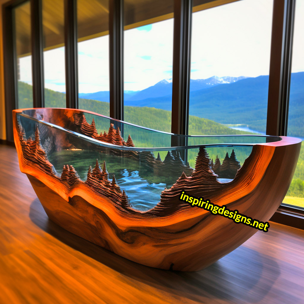 Wood and Epoxy Bathtubs with mountain range design