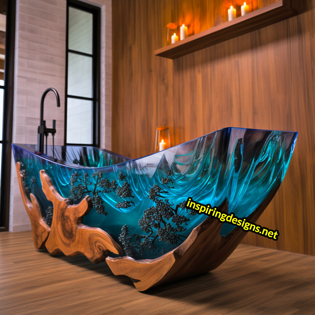 Wood and Epoxy Bathtubs with forest design