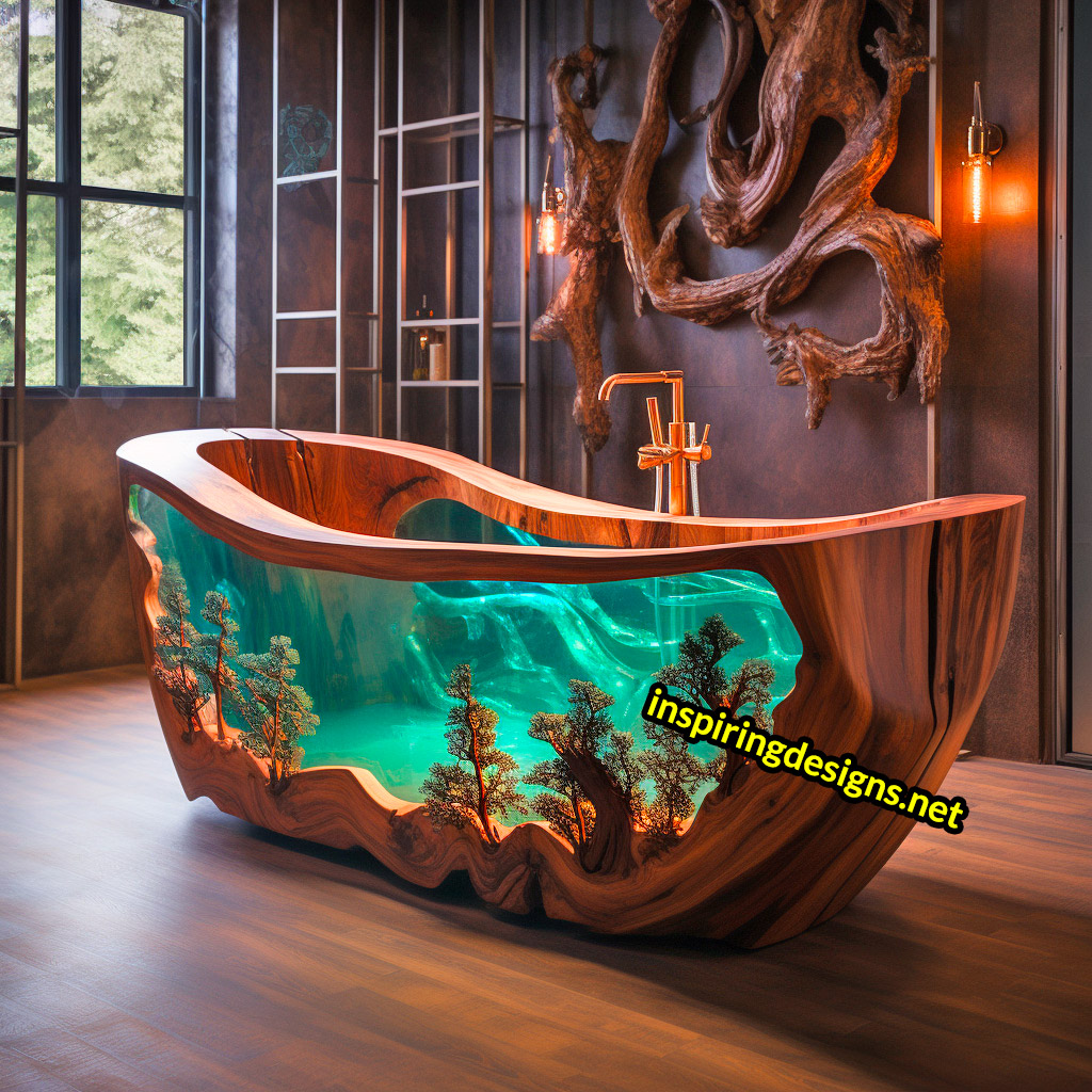 Wood and Epoxy Bathtubs with forest design