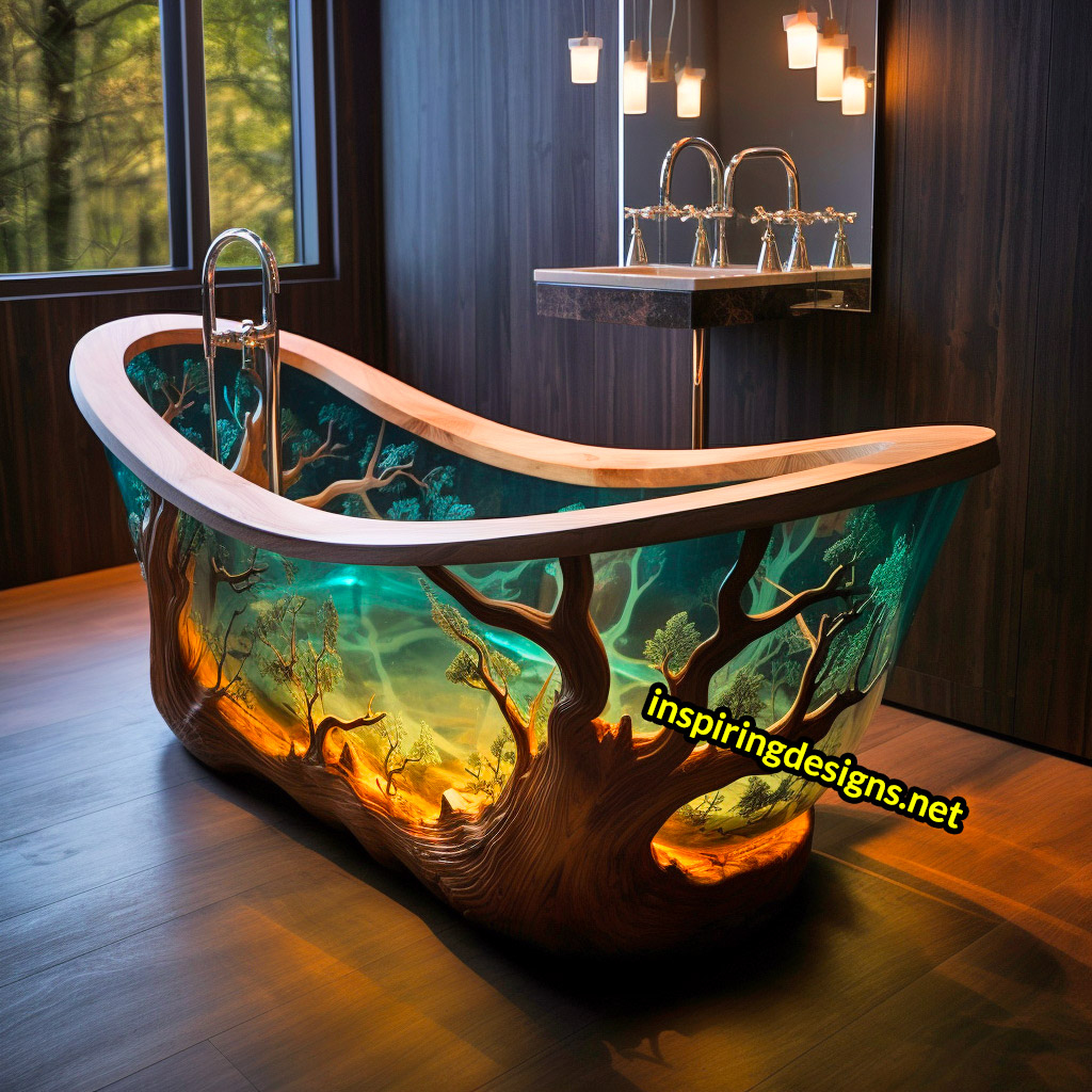 Wood and Epoxy Bathtubs with forest design