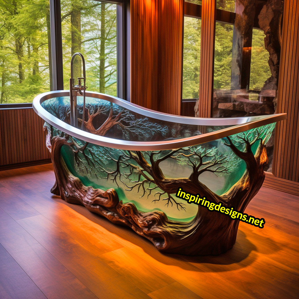 Wood and Epoxy Bathtubs with forest design