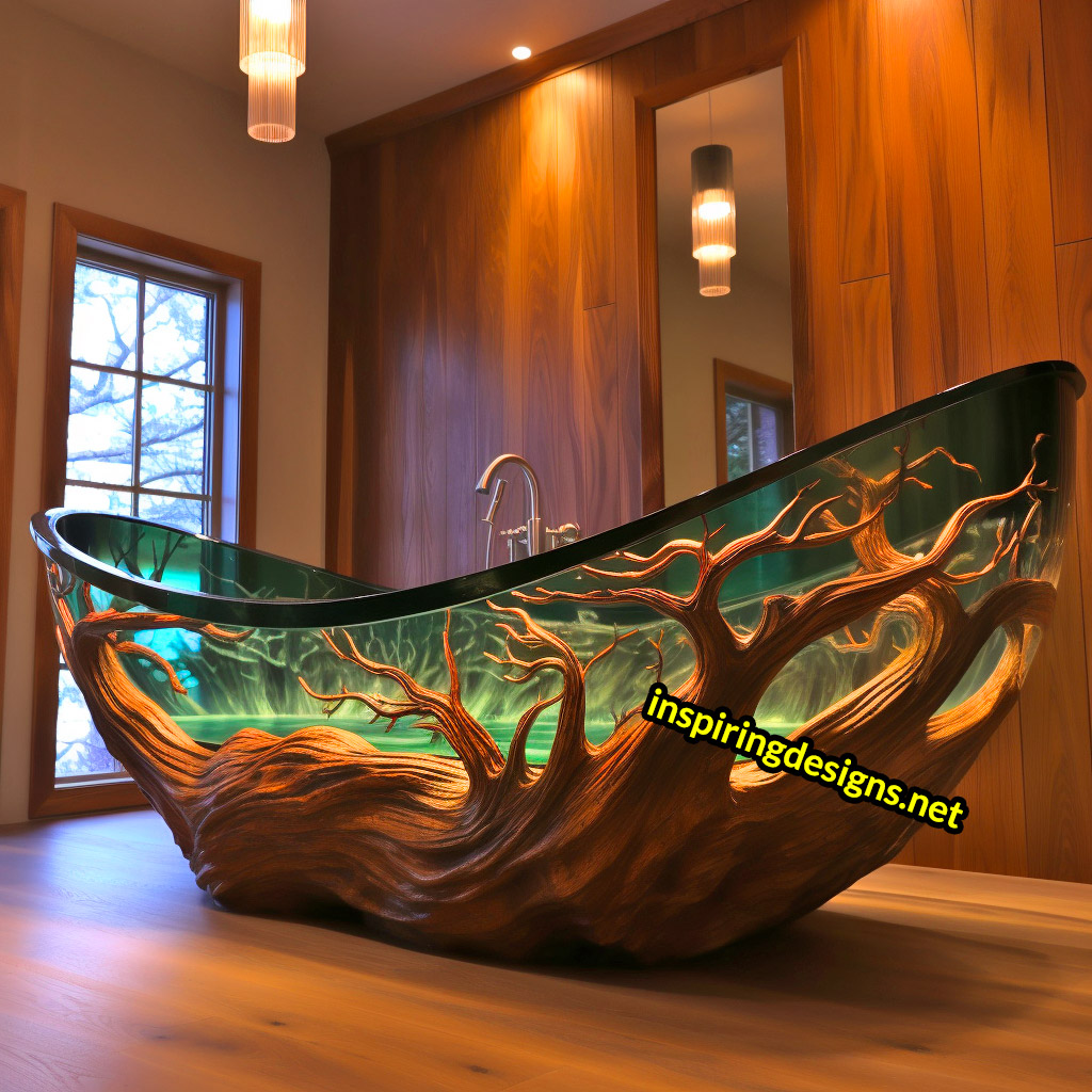 Wood and Epoxy Bathtubs with forest design