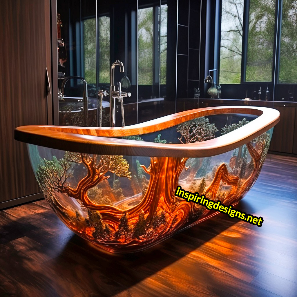 Wood and Epoxy Bathtubs with forest design