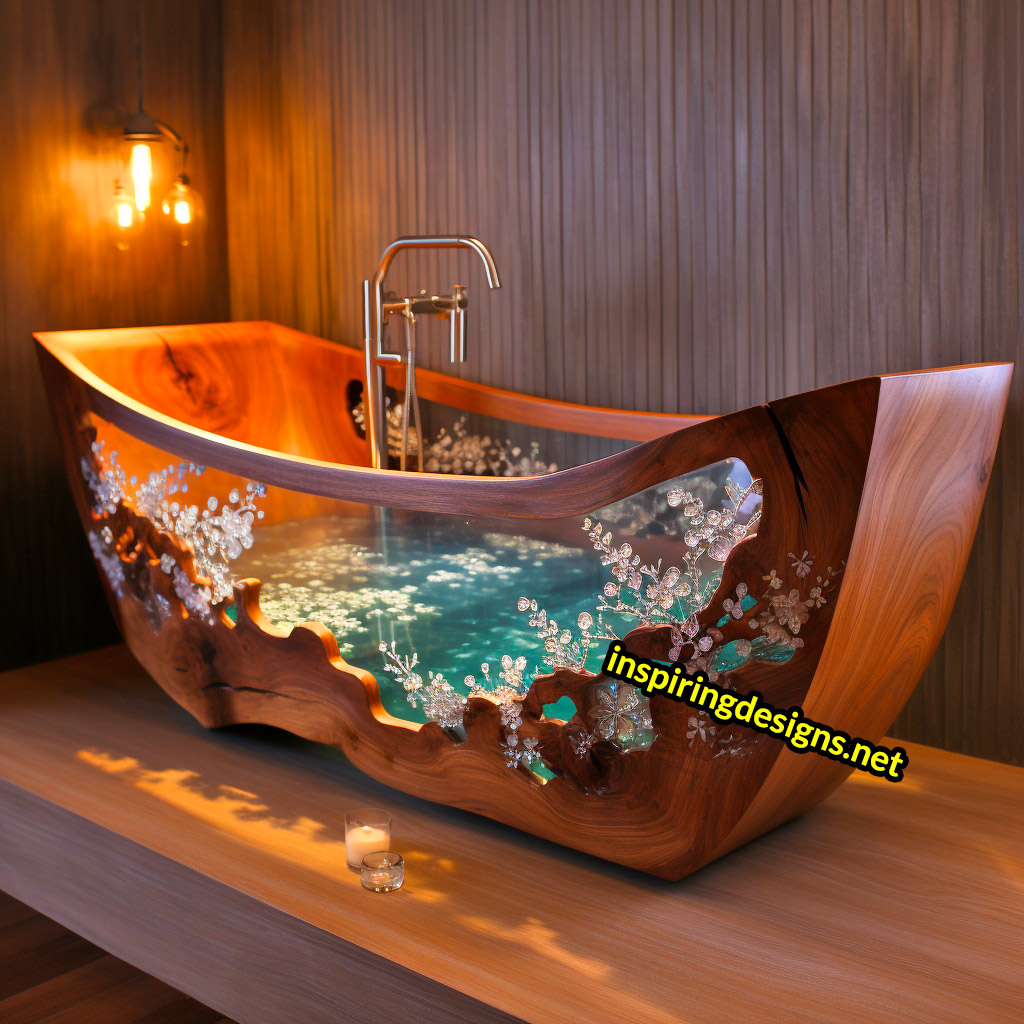 Wood and Epoxy Bathtubs with flower design
