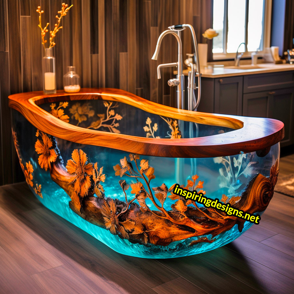 Wood and Epoxy Bathtubs with flowers design
