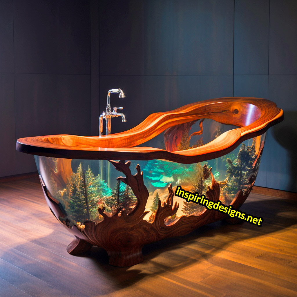 Wood and Epoxy Bathtubs with forest design