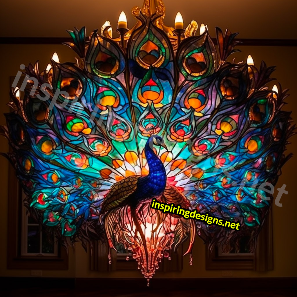 Giant Stained Glass Animal Chandeliers - Stained glass peacock lamp