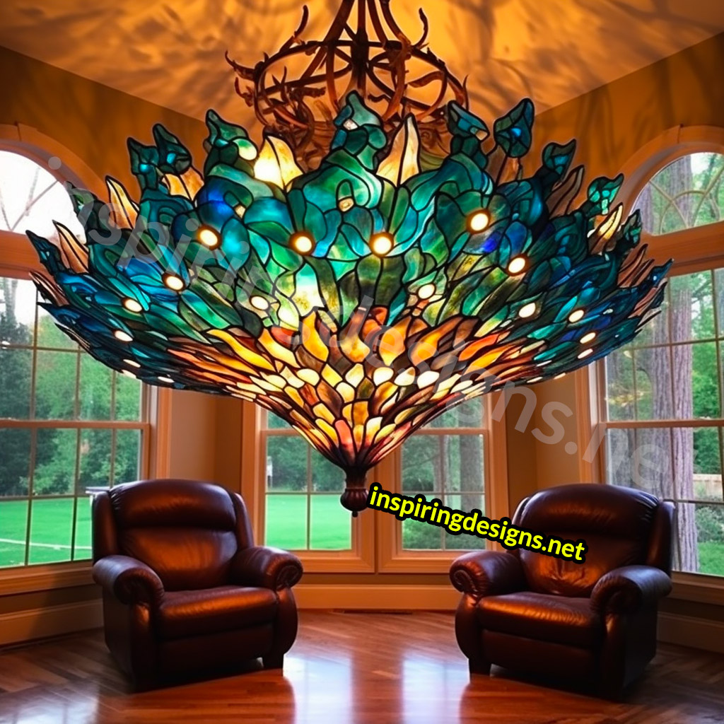 Giant Stained Glass Animal Chandeliers - Stained glass peacock lamp
