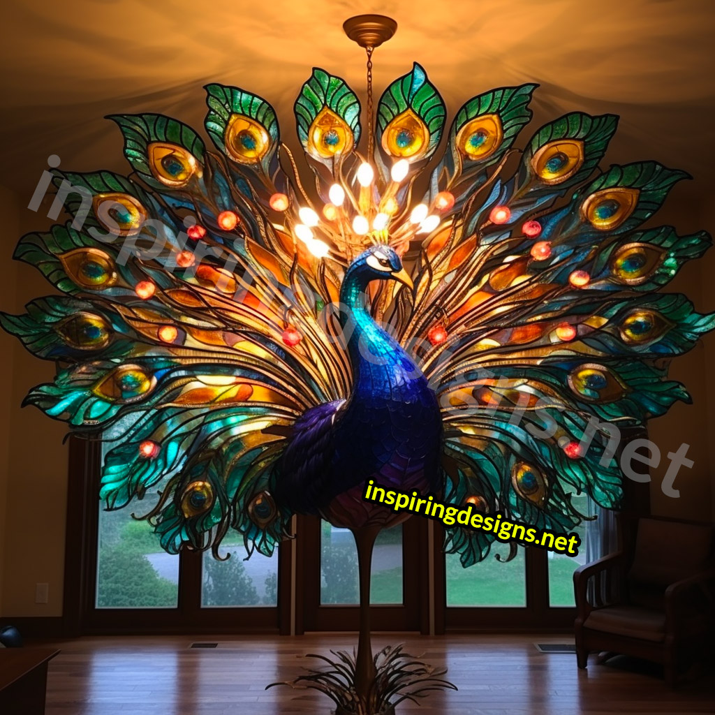 Giant Stained Glass Animal Chandeliers - Stained glass peacock lamp
