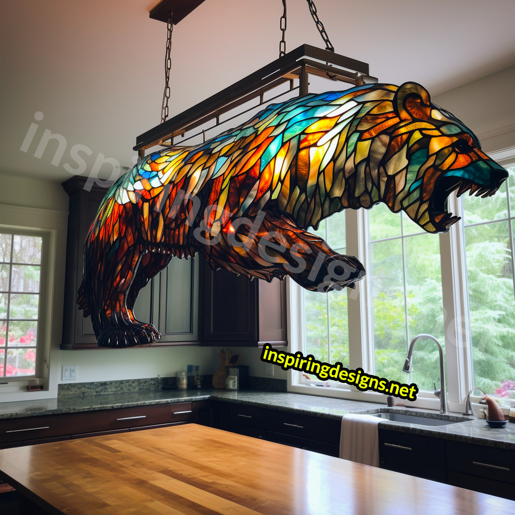 Giant Stained Glass Animal Chandeliers - Stained glass grizzly bear lamp