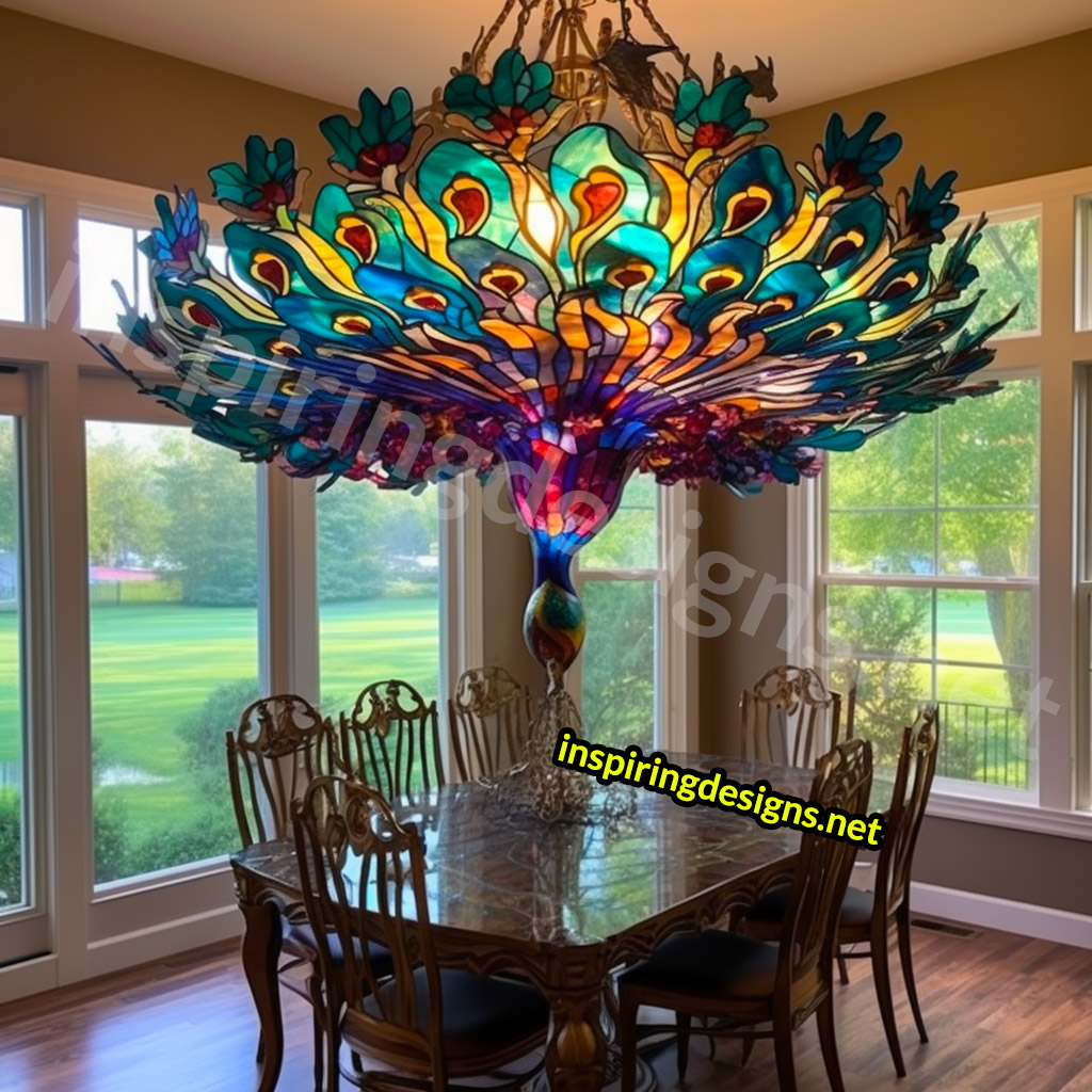 Giant Stained Glass Animal Chandeliers - Stained glass peacock lamp