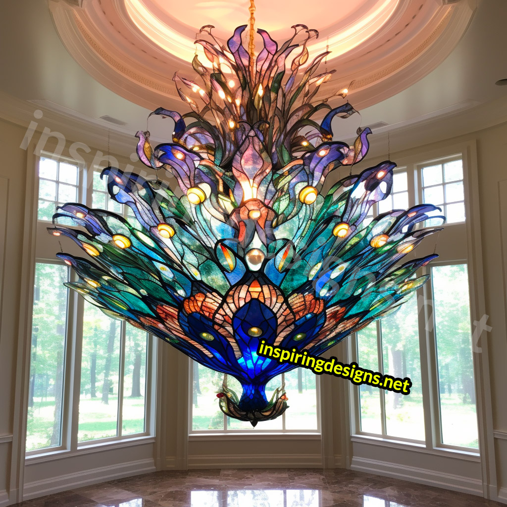 Giant Stained Glass Animal Chandeliers - Stained glass peacock lamp