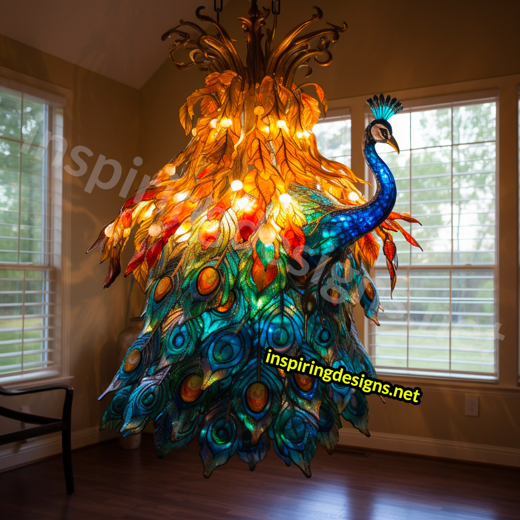 Giant Stained Glass Animal Chandeliers - Stained glass peacock lamp