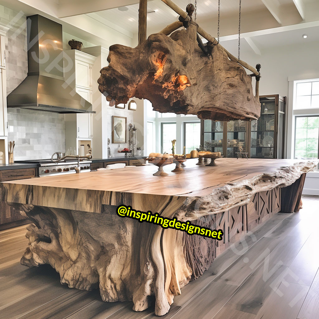 Giant Raw Edge Wood Kitchen Islands - Natural edge wood slab islands