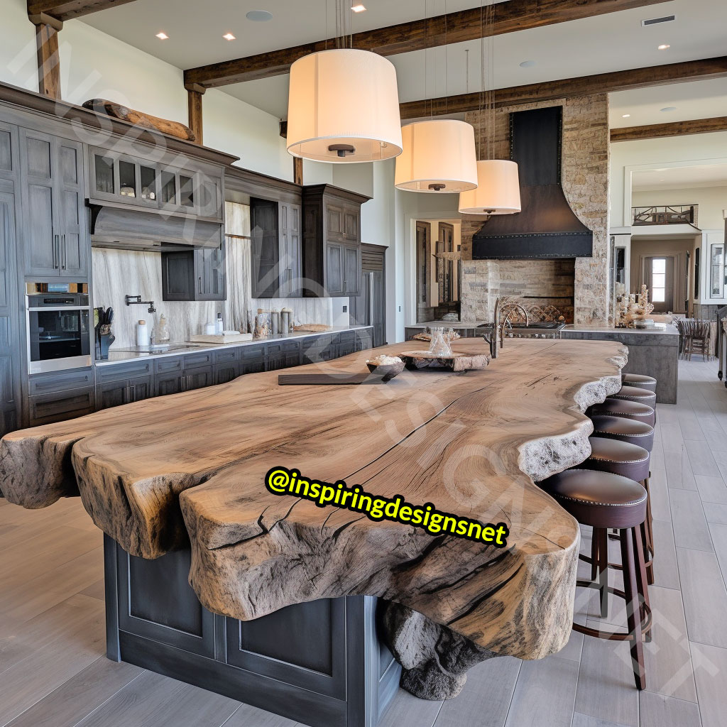 Giant Raw Edge Wood Kitchen Islands - Natural edge wood slab islands