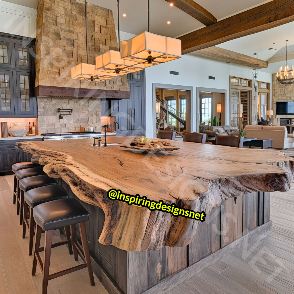 Giant Raw Edge Wood Kitchen Islands - Natural edge wood slab islands