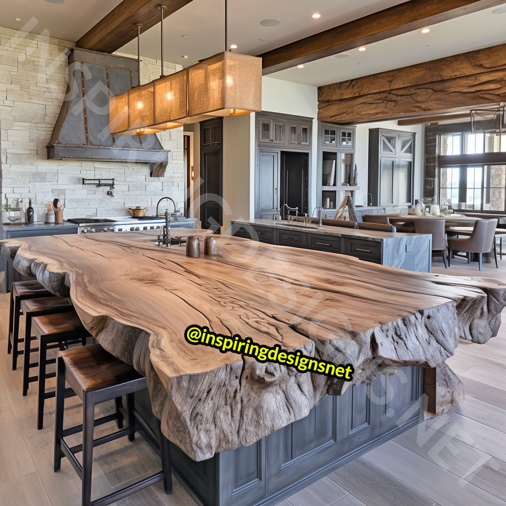 Giant Raw Edge Wood Kitchen Islands - Natural edge wood slab islands