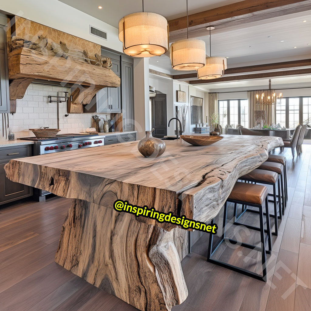 Giant Raw Edge Wood Kitchen Islands - Natural edge wood slab islands