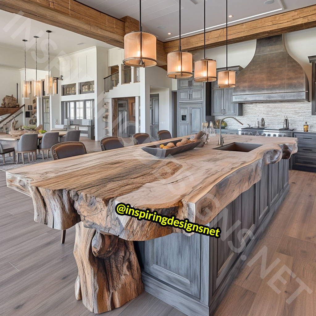 Giant Raw Edge Wood Kitchen Islands - Natural edge wood slab islands