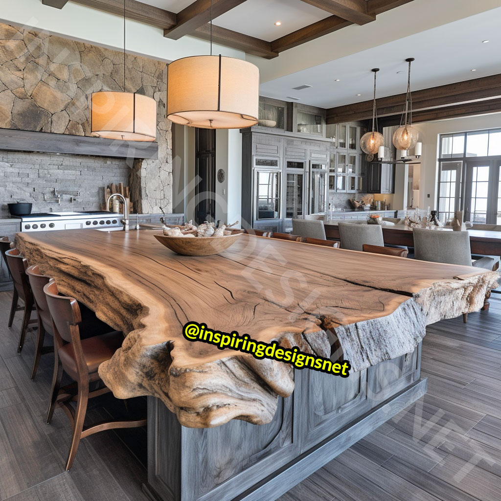 Giant Raw Edge Wood Kitchen Islands - Natural edge wood slab islands