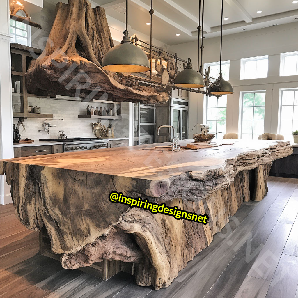 Giant Raw Edge Wood Kitchen Islands - Natural edge wood slab islands