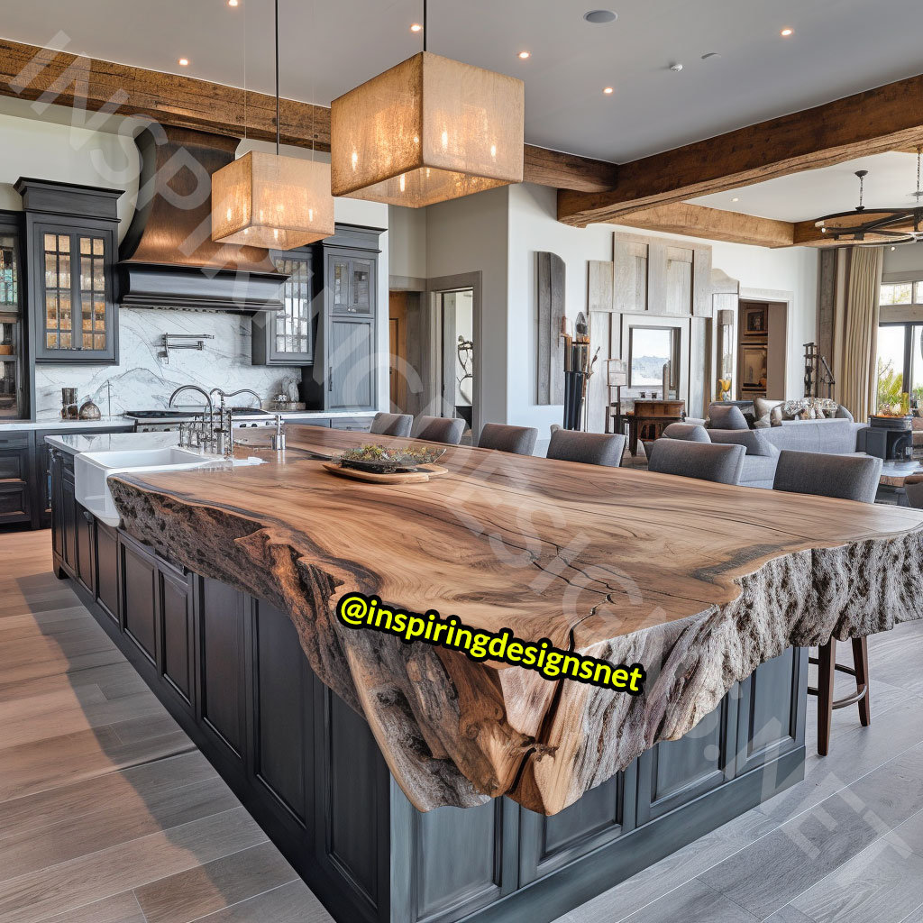 Giant Raw Edge Wood Kitchen Islands - Natural edge wood slab islands