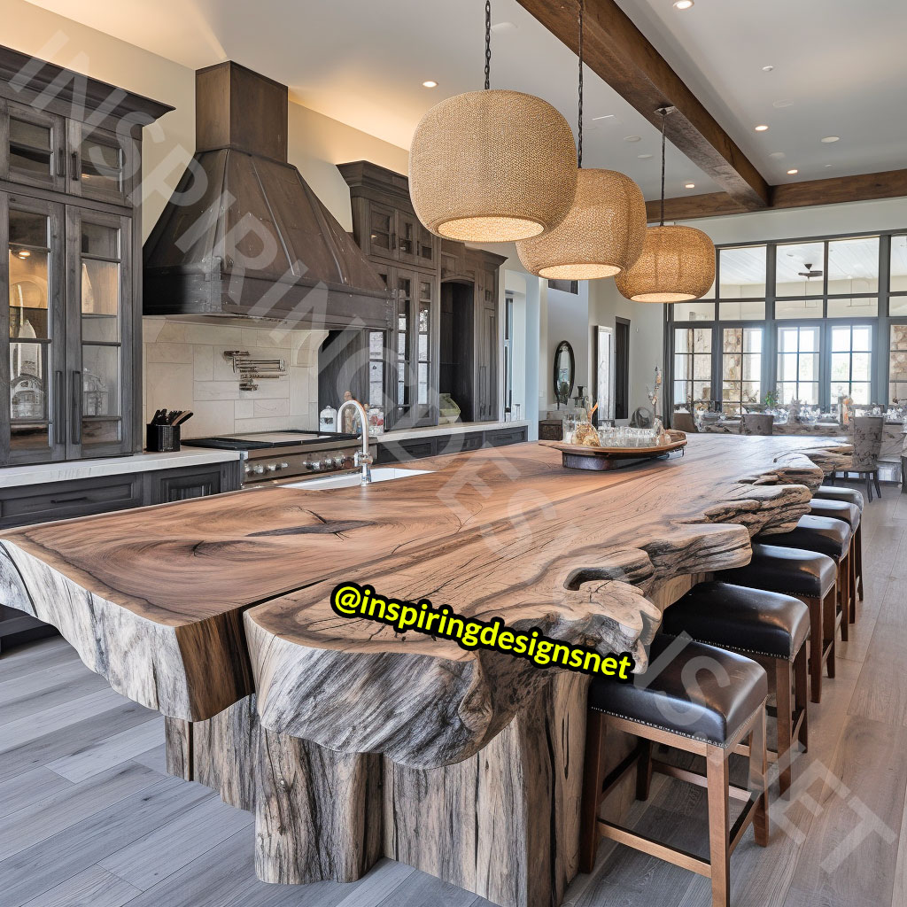 Giant Raw Edge Wood Kitchen Islands - Natural edge wood slab islands