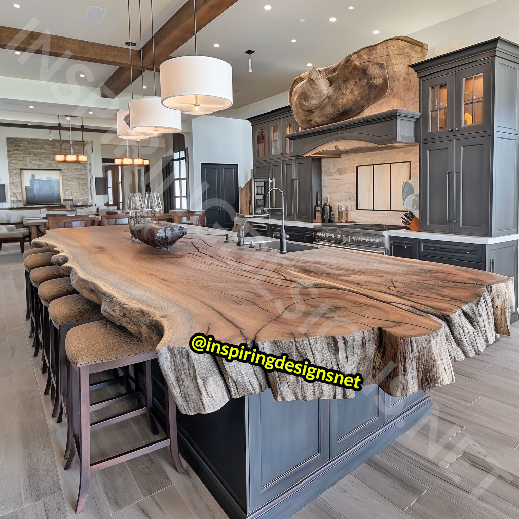 Giant Raw Edge Wood Kitchen Islands - Natural edge wood slab islands