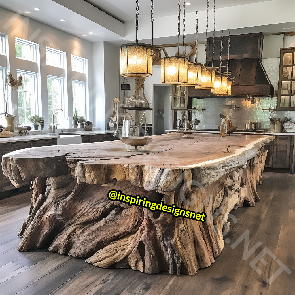 Giant Raw Edge Wood Kitchen Islands - Natural edge wood slab islands