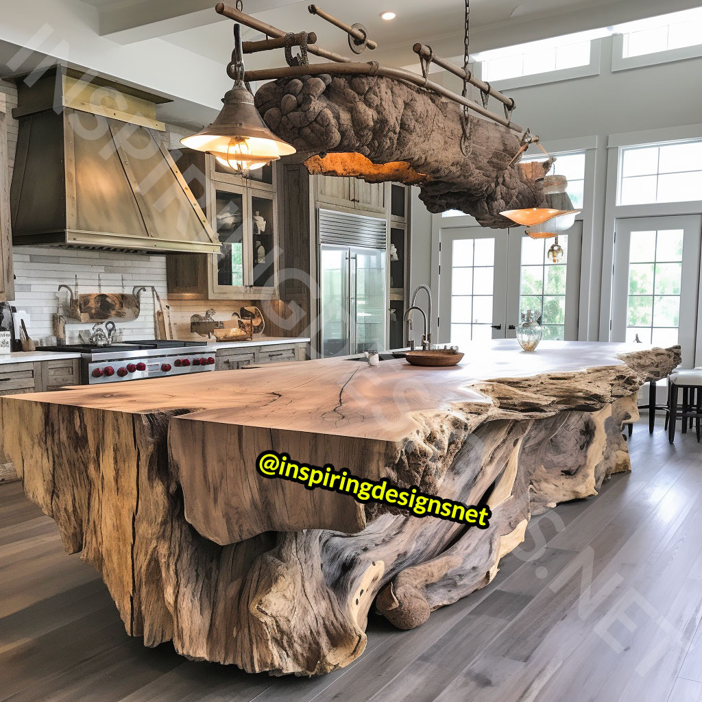 Giant Raw Edge Wood Kitchen Islands - Natural edge wood slab islands