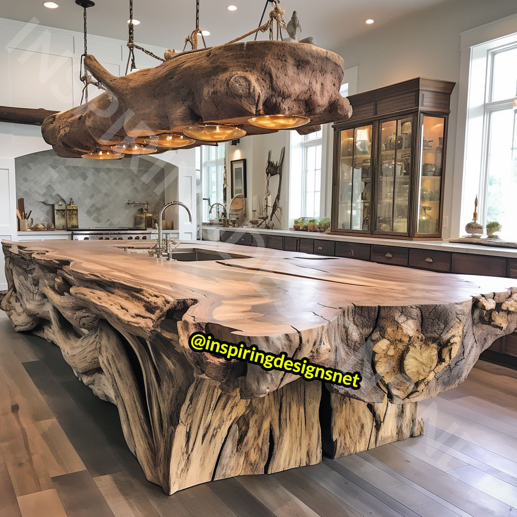 Giant Raw Edge Wood Kitchen Islands - Natural edge wood slab islands