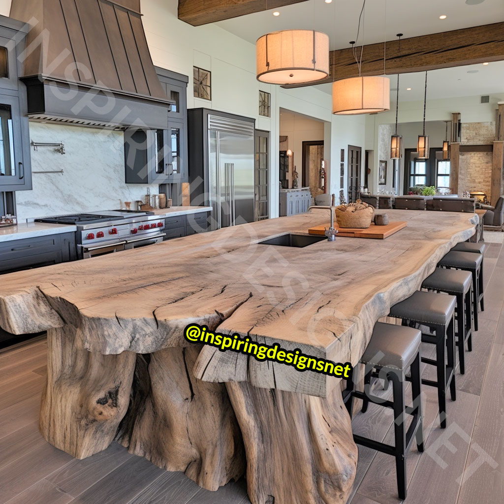 Giant Raw Edge Wood Kitchen Islands - Natural edge wood slab islands