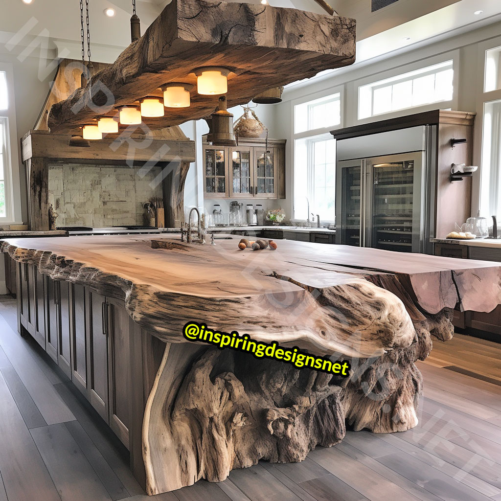 Giant Raw Edge Wood Kitchen Islands - Natural edge wood slab islands