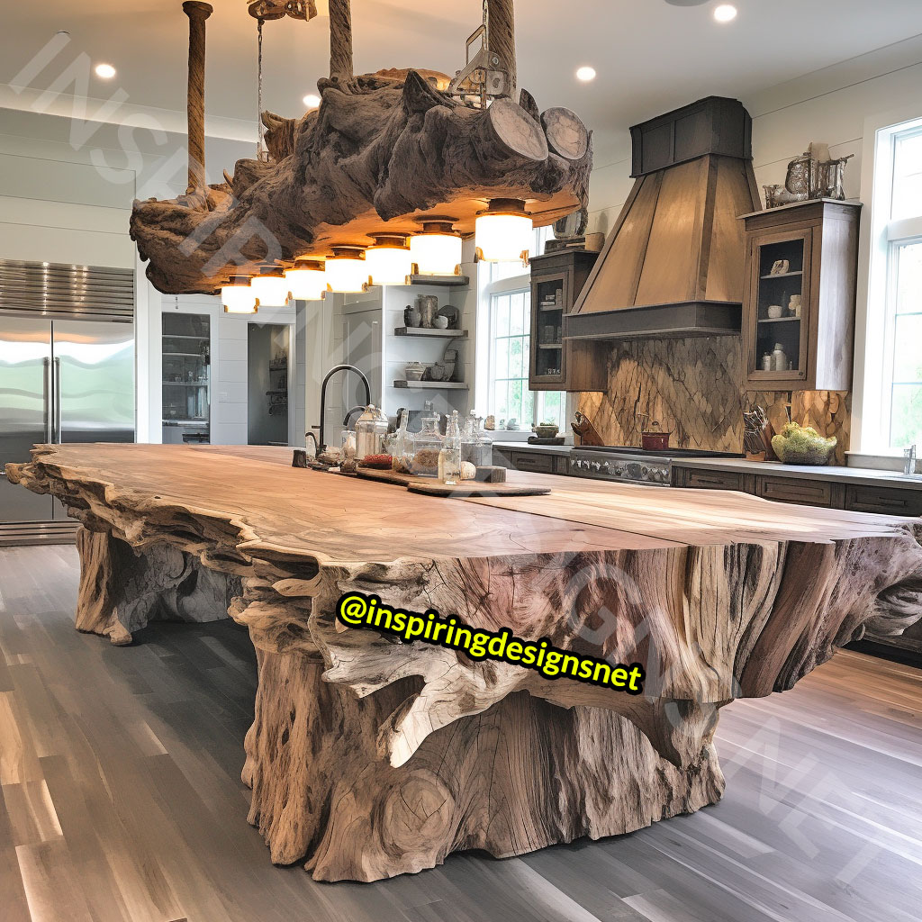 Giant Raw Edge Wood Kitchen Islands - Natural edge wood slab islands