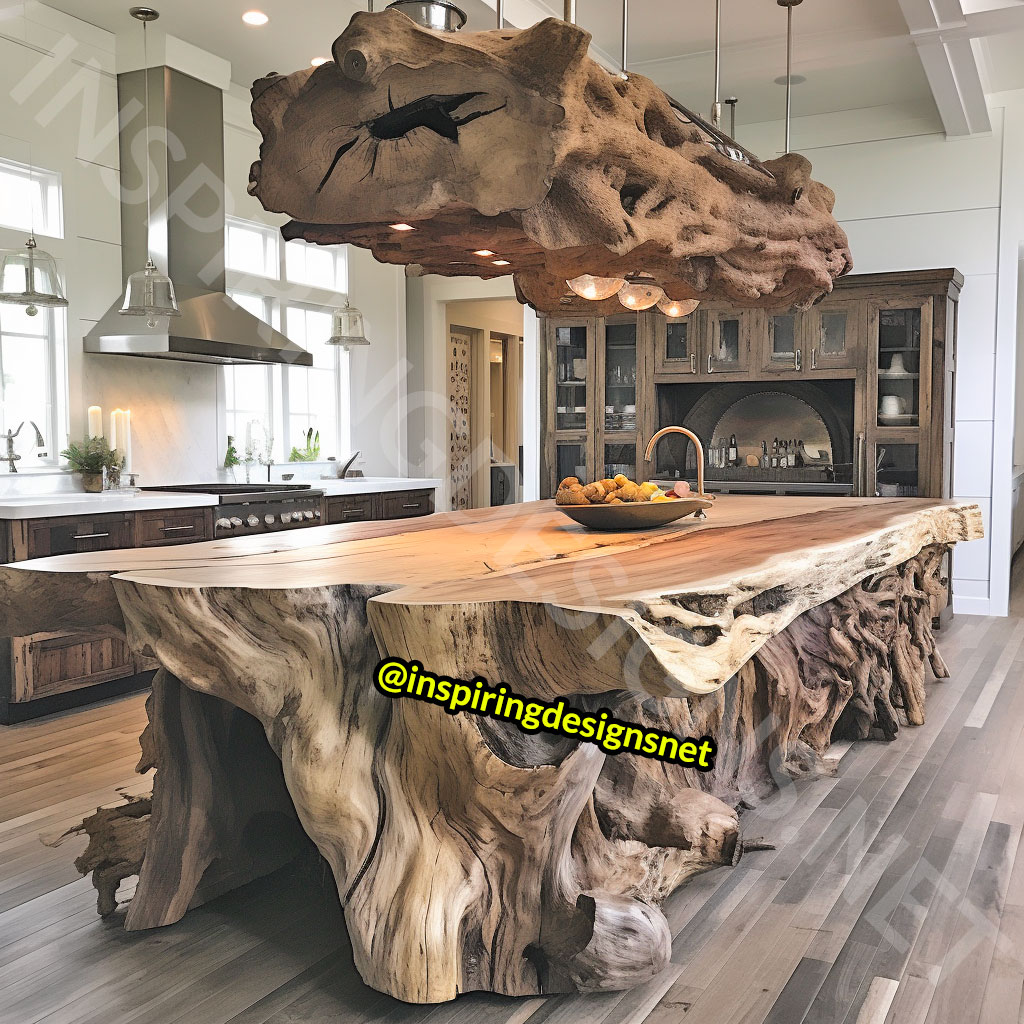 Giant Raw Edge Wood Kitchen Islands - Natural edge wood slab islands