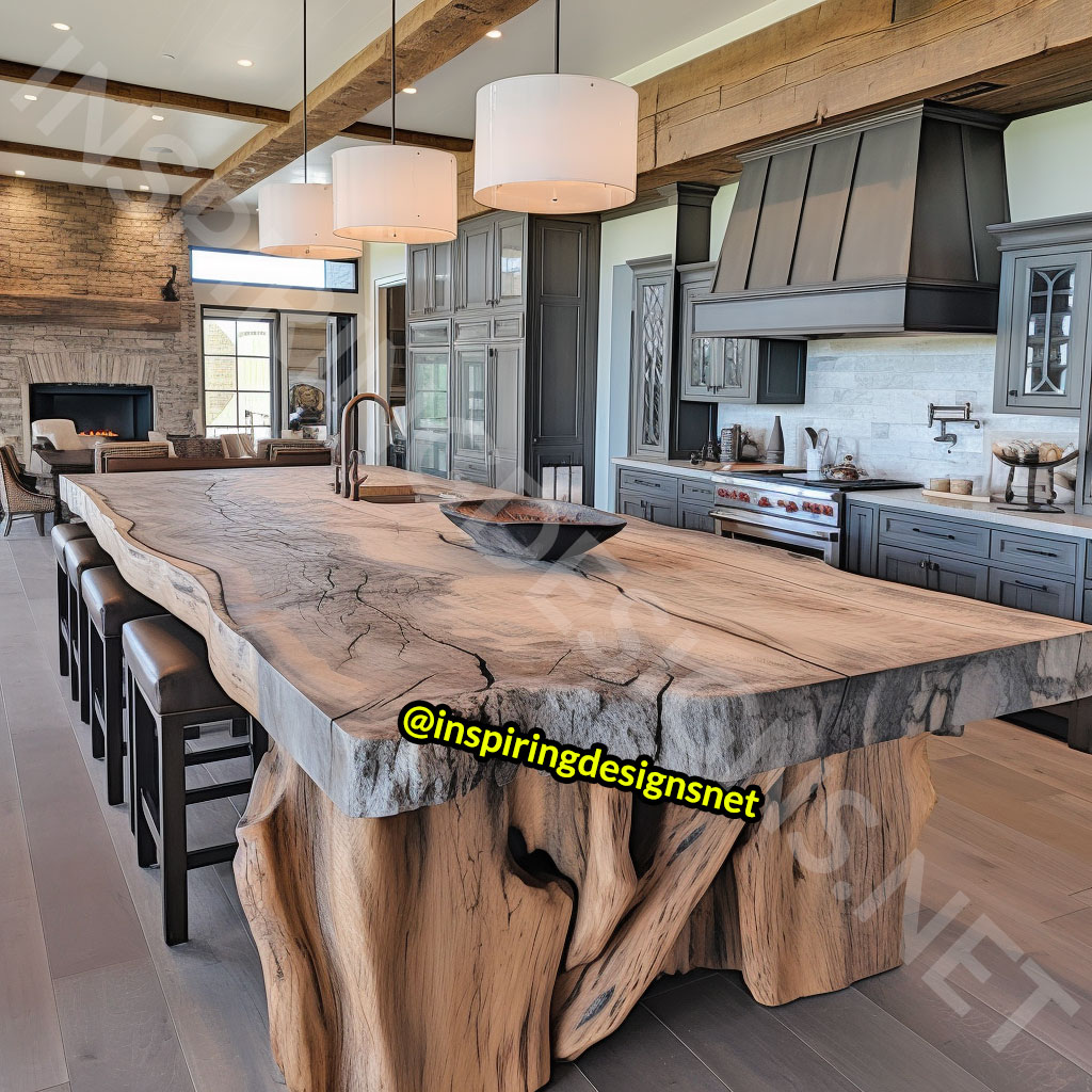 Giant Raw Edge Wood Kitchen Islands - Natural edge wood slab islands