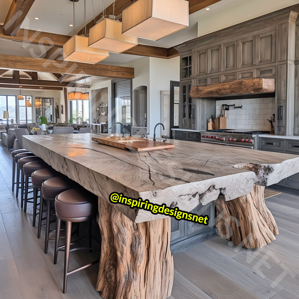 Giant Raw Edge Wood Kitchen Islands - Natural edge wood slab islands