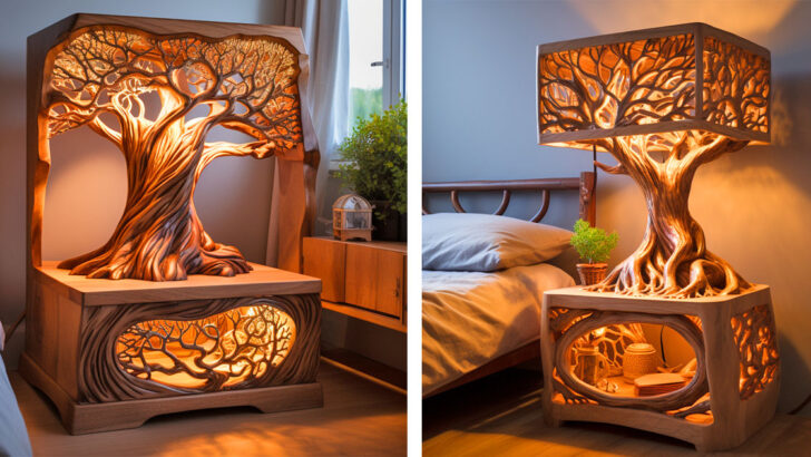 These Wooden Tree Of Life Nightstand Tables Illuminate Your Bedroom with Enchanted Forest Vibes