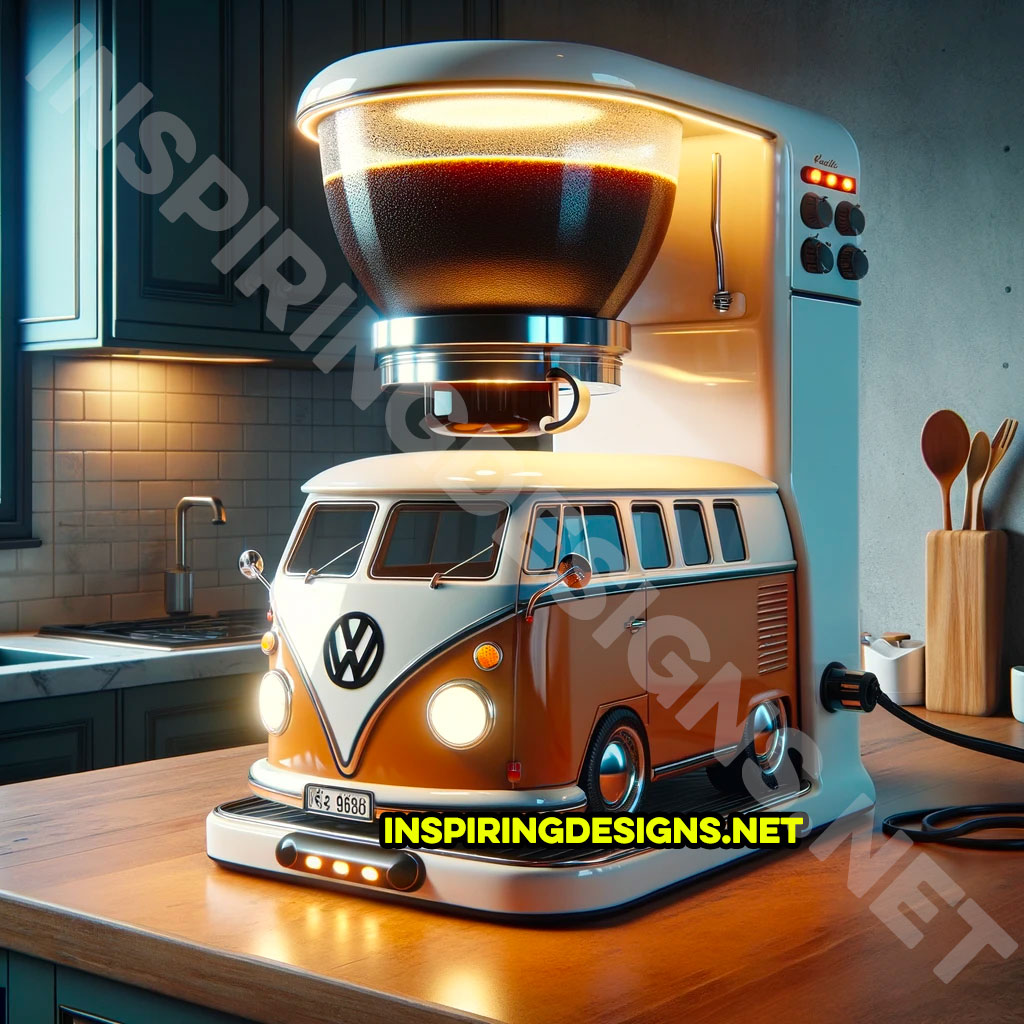 Premium Free ai Images  vintage coffee maker shaped like blue and white  volkswagen kombi grain grinder on top coffe mug kitchen realistic