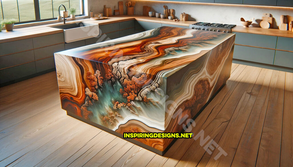Wood and Epoxy Kitchen Island Featuring an abstract wood Design