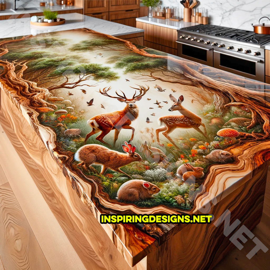 Wood and Epoxy Kitchen Island Featuring a nature and animals Design