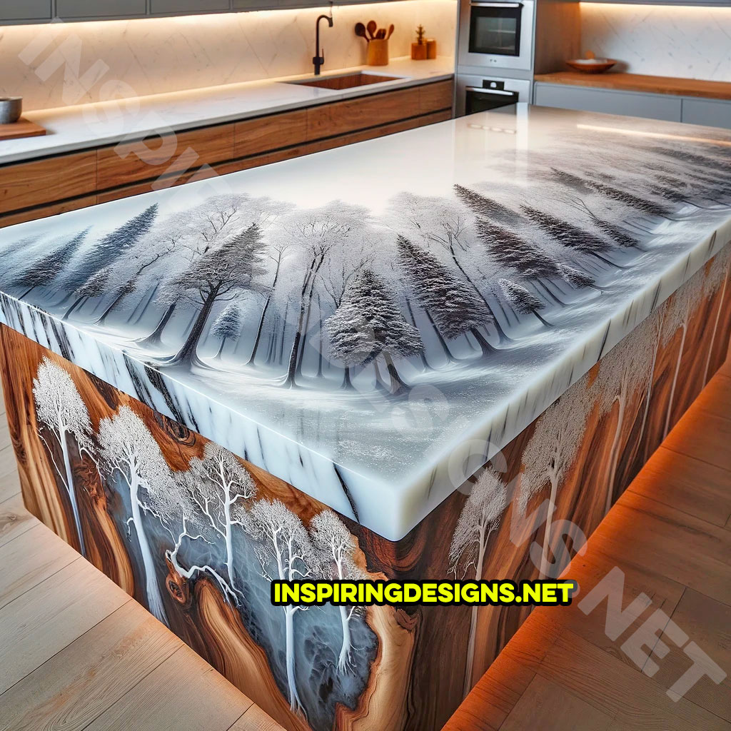 Wood and Epoxy Kitchen Island Featuring a snow white forest Design