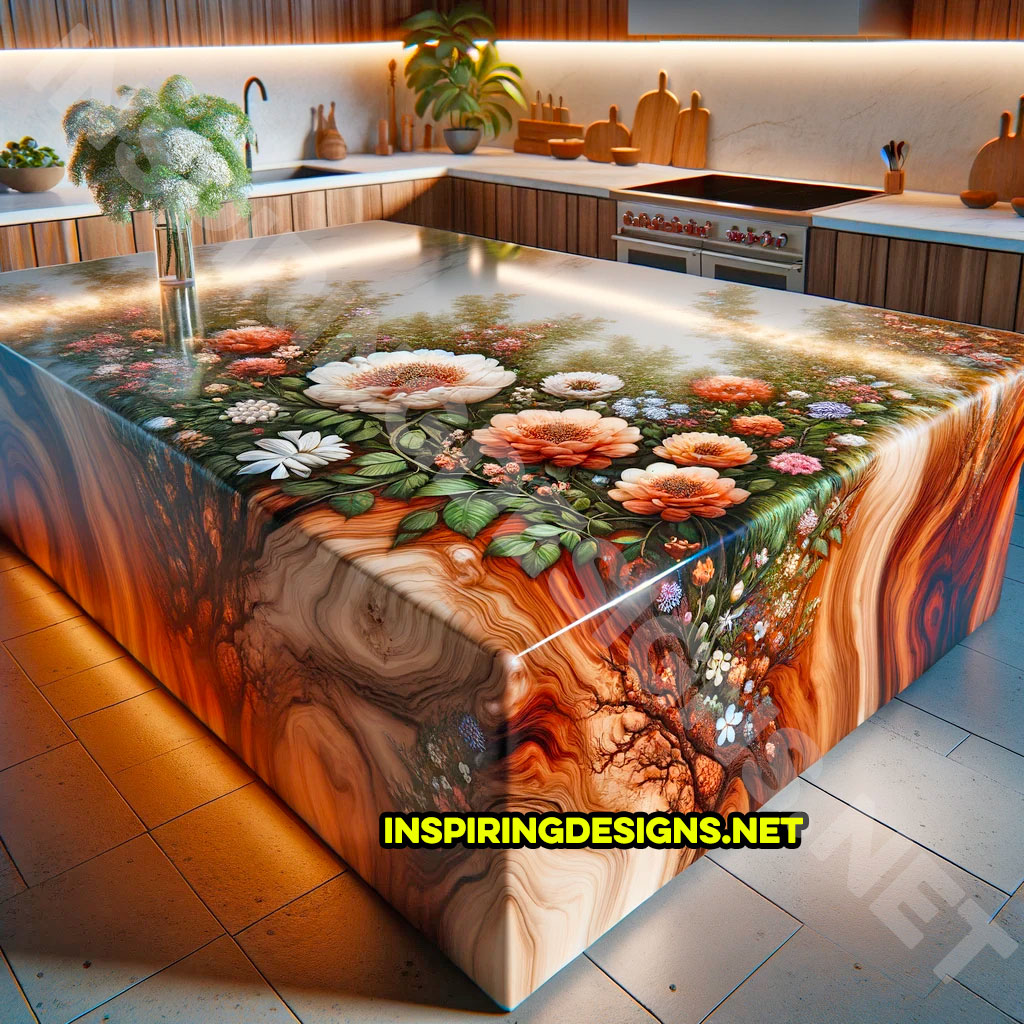 Wood and Epoxy Kitchen Island Featuring a plant and flowers Design