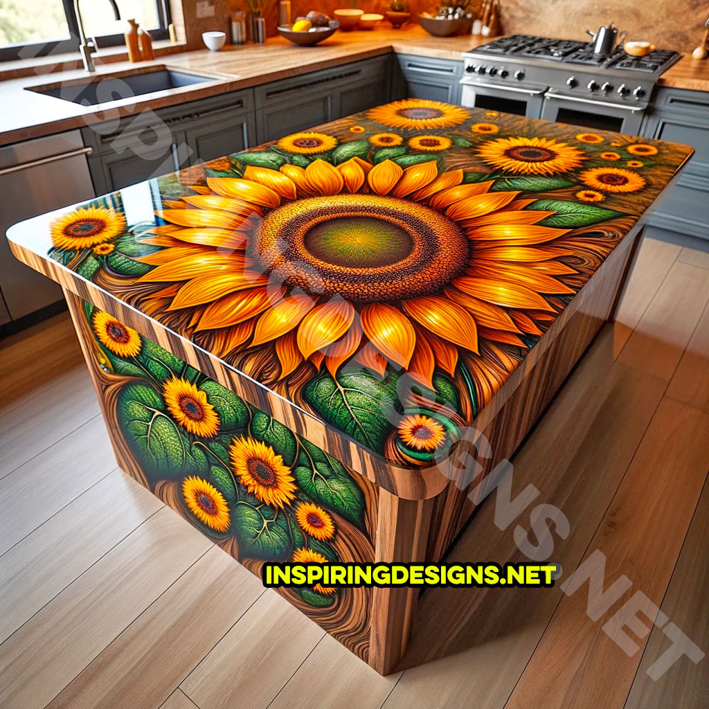 Wood and Epoxy Kitchen Island Featuring a sunflower Design