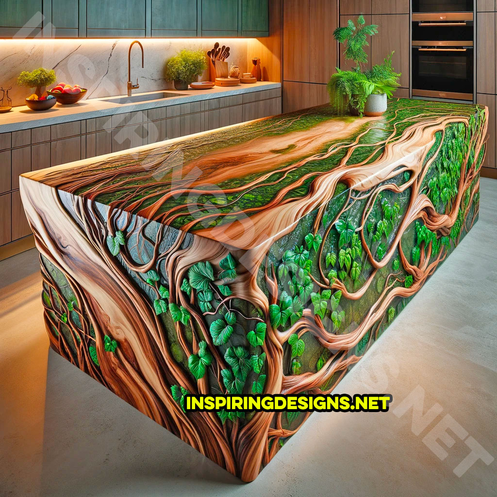 Wood and Epoxy Kitchen Island Featuring a Plant and Vine Design