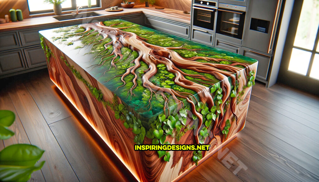 Wood and Epoxy Kitchen Island Featuring a plant and vine Design