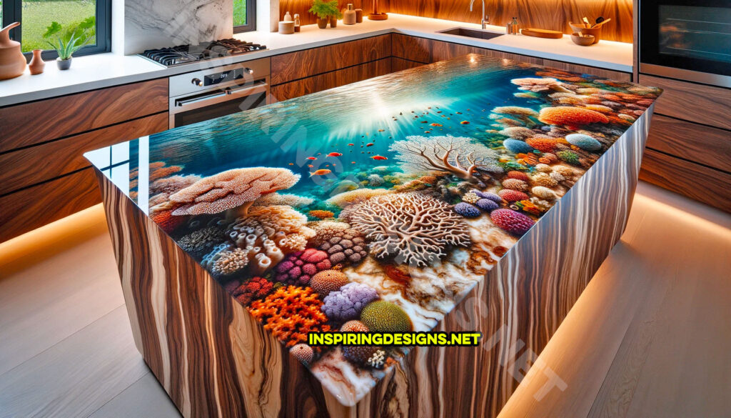 Wood and Epoxy Kitchen Island Featuring an underwater coral reef Design